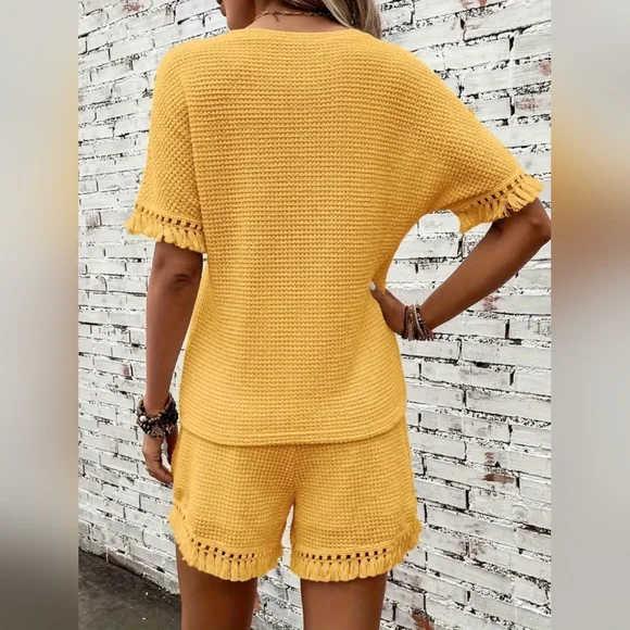 Women's Full Size Mustard Yellow Knit Two-Piece Set - Picture 2 of 9